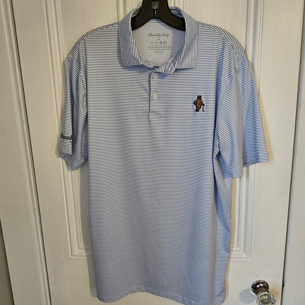 Grizzly Golf Men's Medium "Blue Striped It" Performance Polo Embroidered Bear